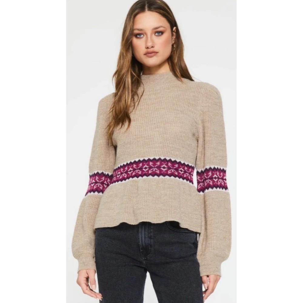 DEAR JOHN Felicia Peplum Tan Long Sleeve Fall Sweater - Picture 2 of 8
